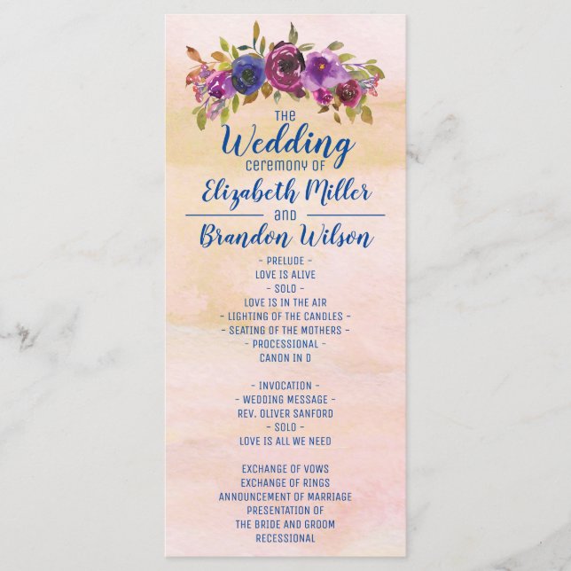 Programa Elegante mármol acuarela floral boda de oro (Anverso)
