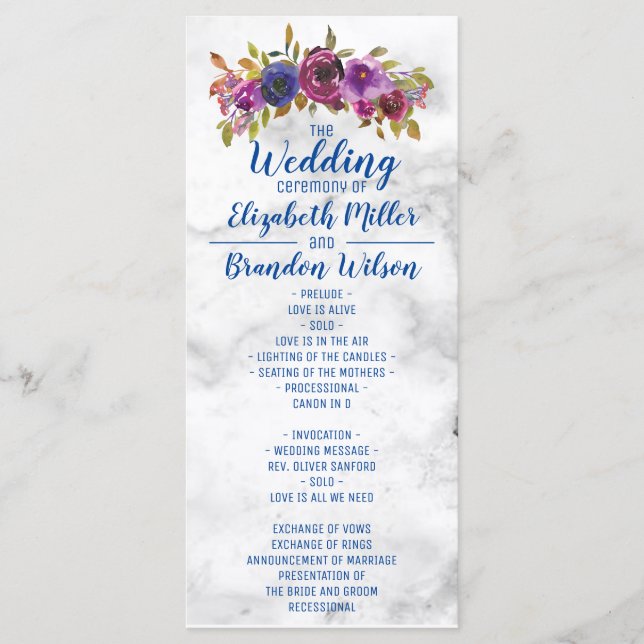 Programa Elegante mármol acuarela floral boda de oro (Anverso)