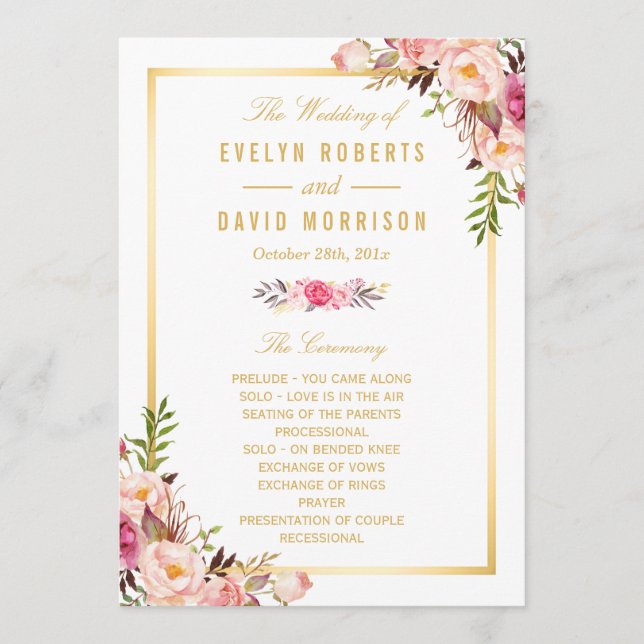 Programa Elegante Moda Floral DIY Wedding Program Fans Fron (Anverso)