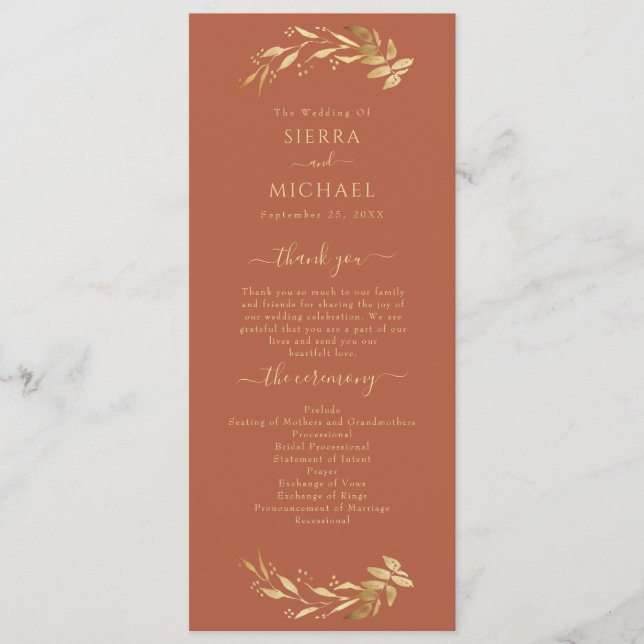Programa Elegante Moda Terracota Rust Gold Foliage Boda (Anverso)