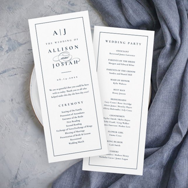 Programa Elegante Monograma Boda Azul Marino (Elegant Navy Blue and White Wedding Programs with Monogram.)