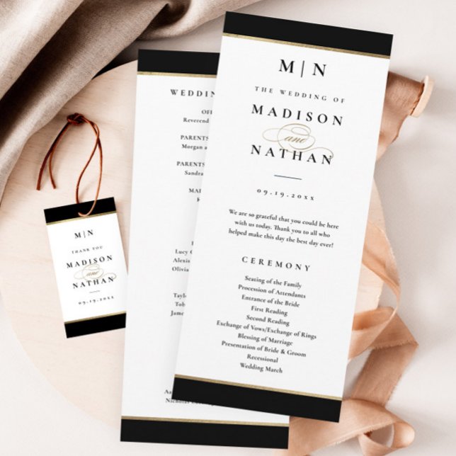 Programa Elegante Monograma Boda Negra y Dorada (Elegant black and gold wedding program. Gift tag sold separately.)
