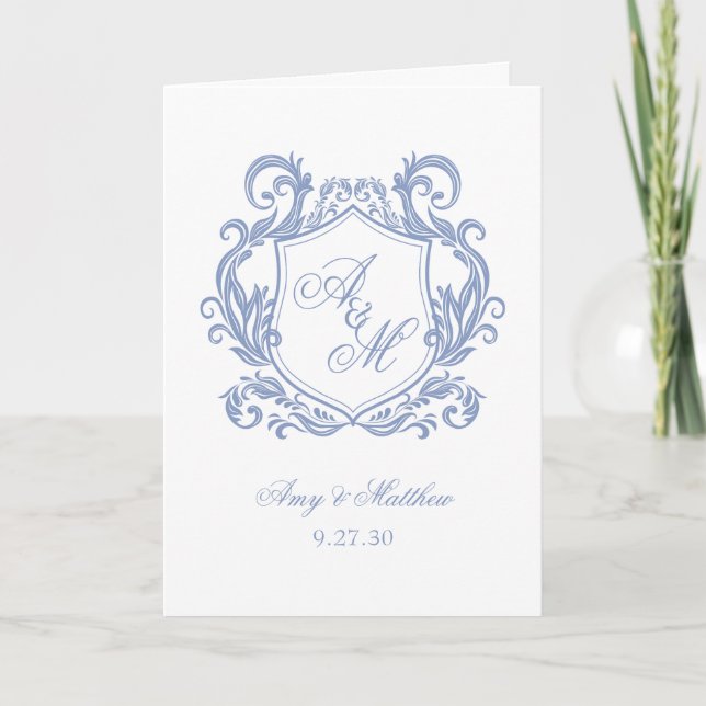 Programa Elegante Monograma Cresta Azul Polvoriento Boda (Anverso)