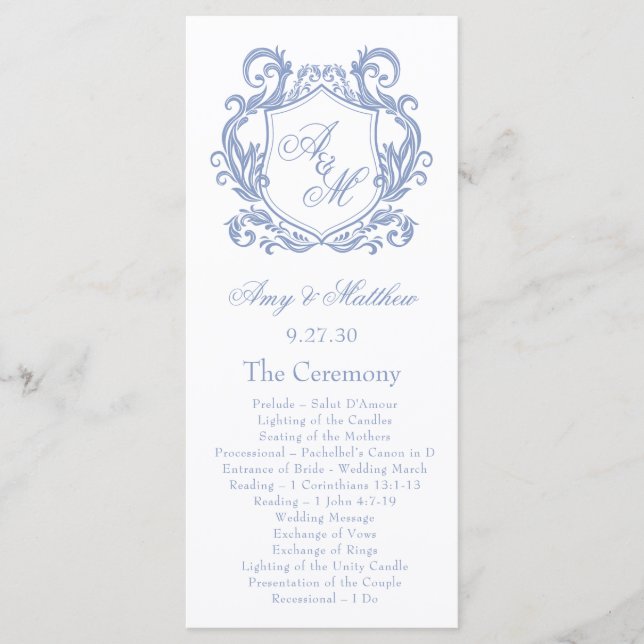 Programa Elegante Monograma Cresta Azul Polvoriento Boda (Anverso)