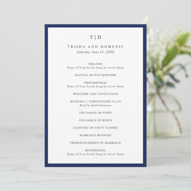 Programa Elegante Monograma de Boda Moderna Azul Marino (Anverso de pie)