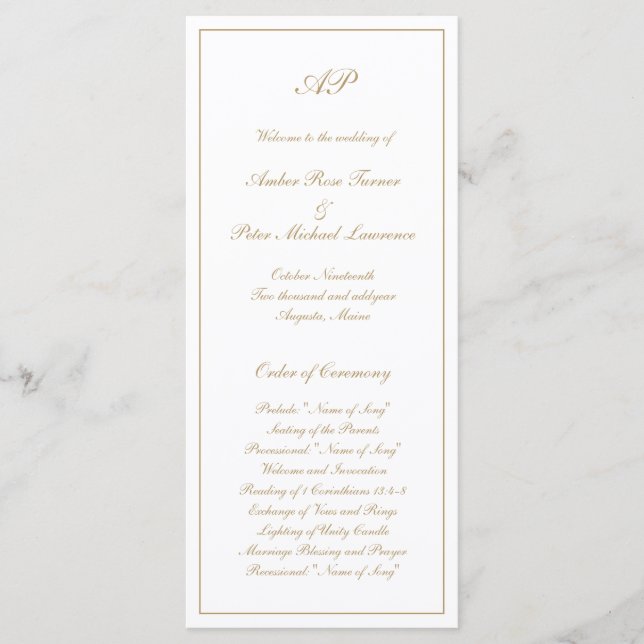 Programa Elegante Monograma Formal de Boda de Oro Simple (Anverso)