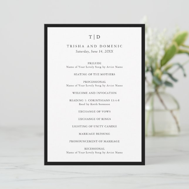 Programa Elegante Monograma Negro y Blanco Boda Moderna (Anverso de pie)
