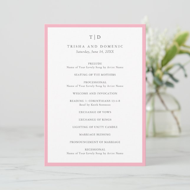 Programa Elegante Monograma Rosa Bodas Modernas (Anverso de pie)