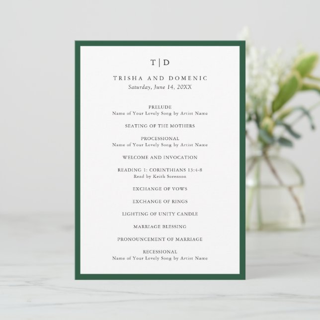 Programa Elegante Monograma Verde Esmeralda Boda Moderna (Anverso de pie)