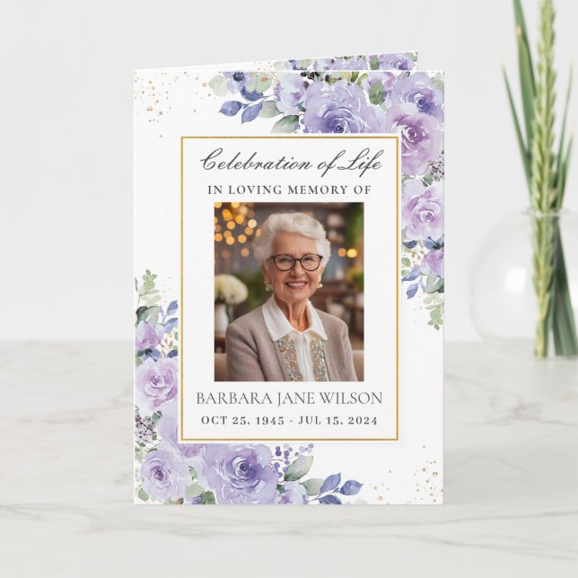 Programa Elegante morado Lilac Floral Photo Funeral Memoria (Anverso)