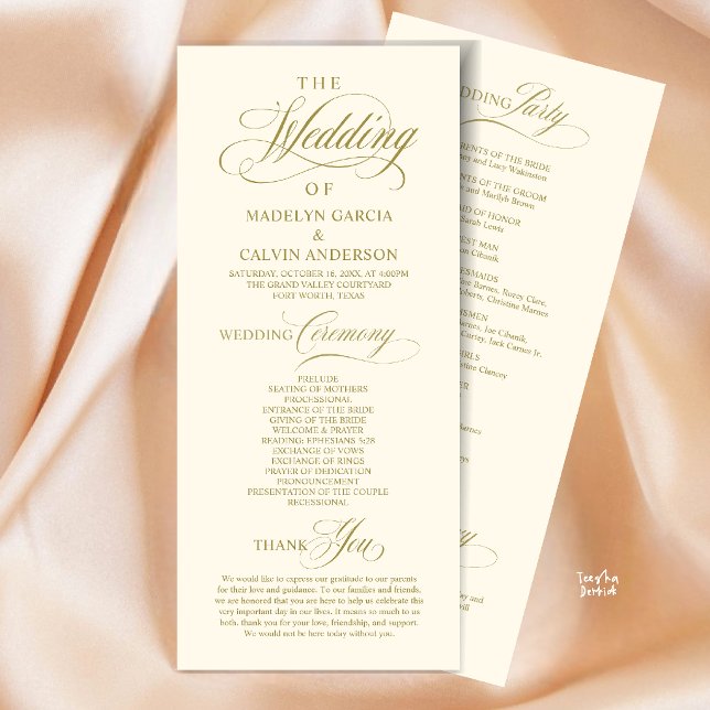 Programa Elegante Orden de Ceremonia de Boda con Letra Dora (Elegant Classy Gold Script Wedding Ceremony Order Program Card in Gold Yellow Cream)