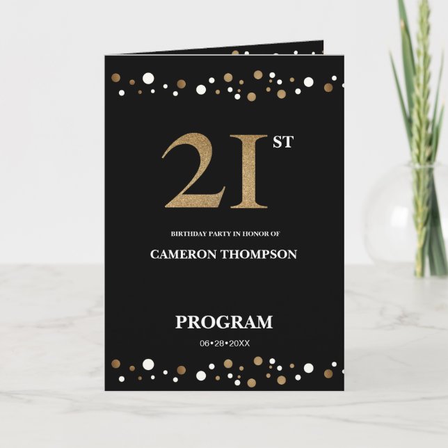 Programa Elegante oro y Confetti Negro 21 cumpleaños (Anverso)
