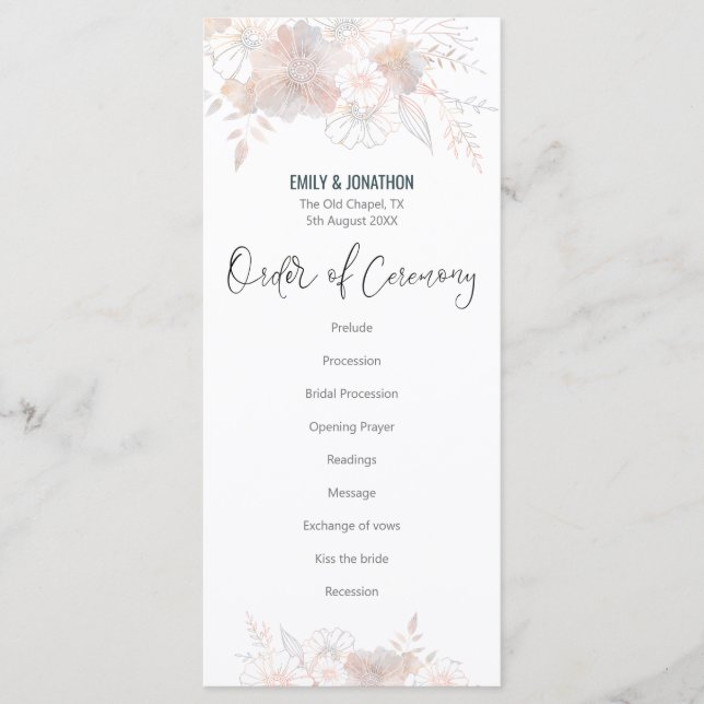 Programa Elegante Pastel Florals Rubor Gray Script Boda (Anverso)
