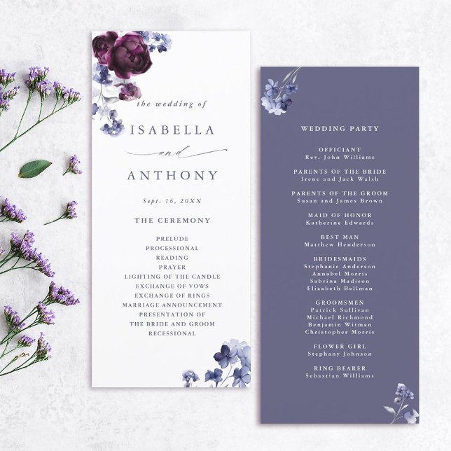 Programa Elegante Plum Purple & Indigo Blue Floral Boda (Front & Back)