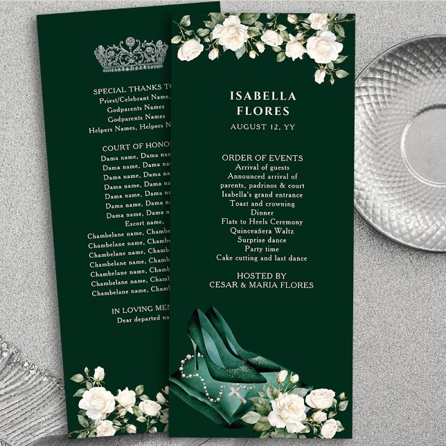 Programa Elegante Quinceanera Tiara verde esmeralda y Rosas (Program Cards from the Princess Dress and Roses Quinceanera Collection by Darling & May)