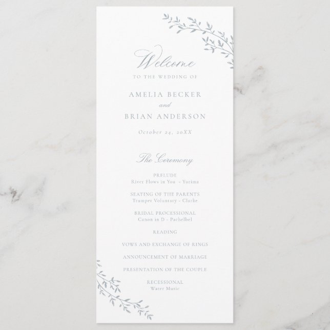 Programa Elegante rama de hoja Dusty Blue Wedding Program (Anverso)