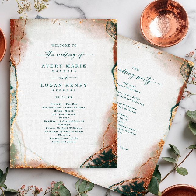 Programa Elegante resumen de la ceremonia Verde azulada y B (Modern teal and copper wedding ceremony program with abstract design.)