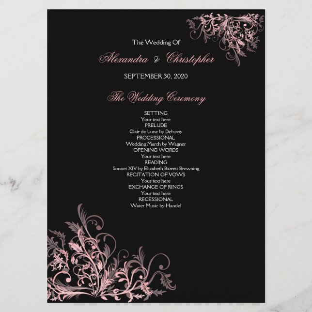 Programa Elegante Retro De Boda De Flor Rosa (Anverso)