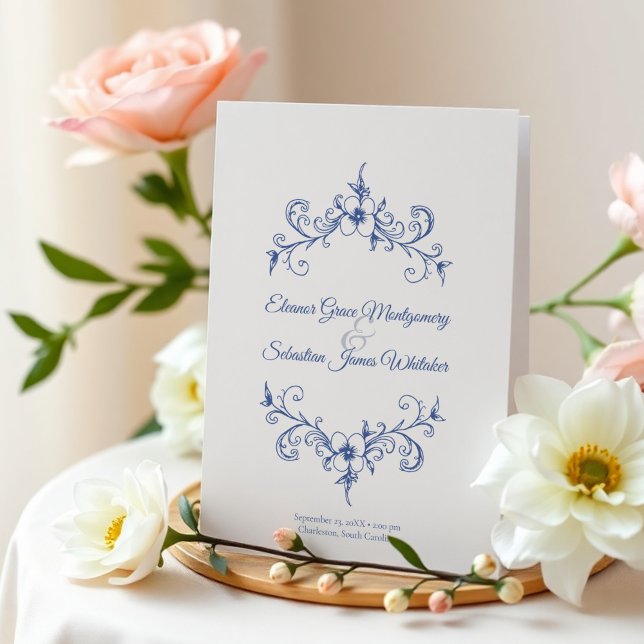 Programa Elegante Romance de época Dusty Blue Floral Boda (Subido por el creador)
