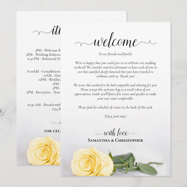 Programa Elegante Rosa Amarilla de Boda Bienvenida e Itiner (Anverso / Reverso)
