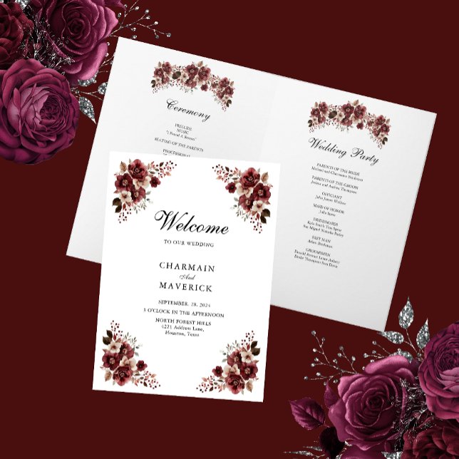 Programa Elegante rosa burdeos y Boda de diseño floral (Subido por el creador)