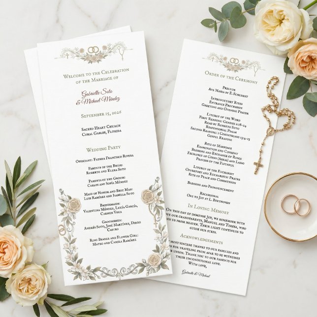 Programa Elegante Rosa Floral Ceremonia de Boda Católica (Subido por el creador)