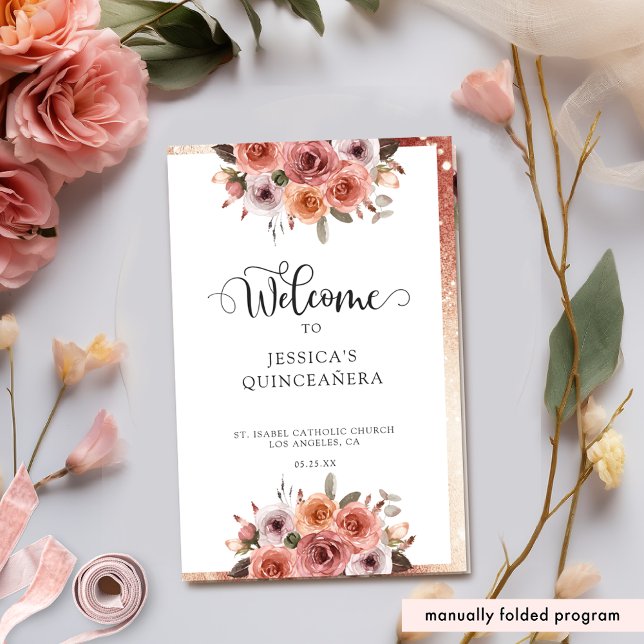 Programa Elegante Rosa Floral de Oro Quinceanera (Subido por el creador)