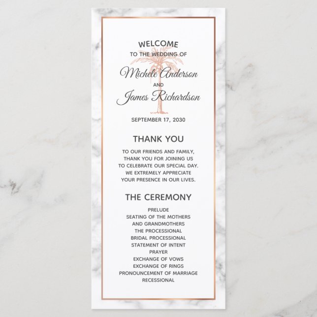 Programa Elegante Rosa Oro Cobre Mármol Palma Árbol Boda (Anverso)