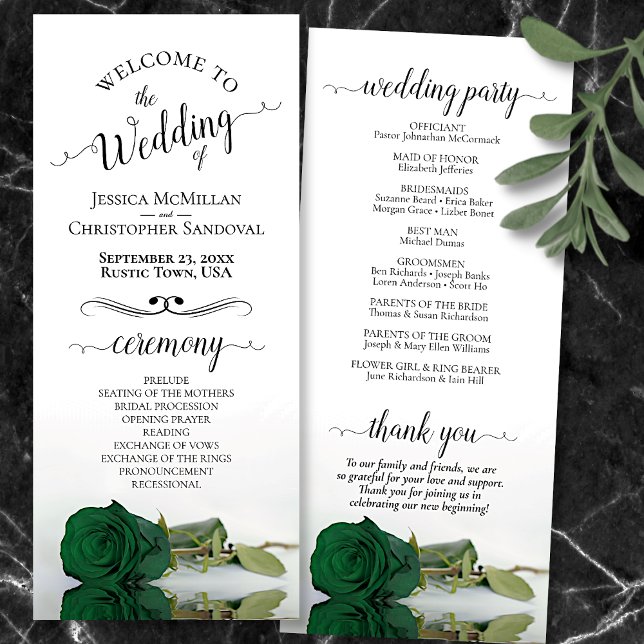 Programa Elegante Rosa verde esmeralda Boda romántico (Front and Back)