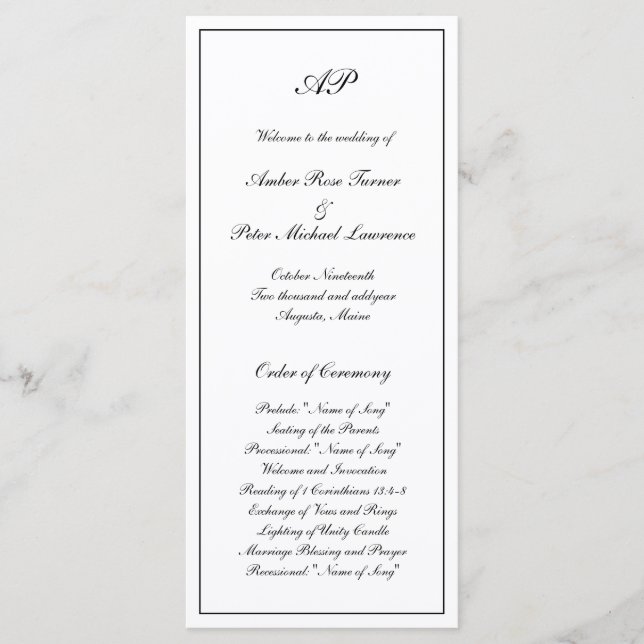 Programa Elegante Simple Boda Monograma Formal Blanco y Neg (Anverso)