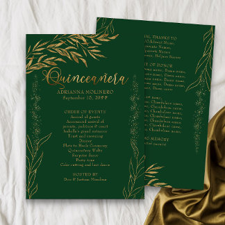 Programa Elegante verde esmeralda y hoja de oro Quinceanera