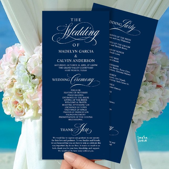 Programa Elegante y Clásico Orden de Ceremonia de Boda Azul (Elegant Classy Gold Script Wedding Ceremony Order Program Card in Navy Blue)