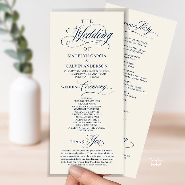 Programa Elegante y clásico orden de ceremonia de boda en a (Elegant Classy Gold Script Wedding Ceremony Order Program Card in Navy Blue Ivory)