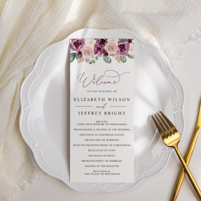 Programa Elegante y moderno matrimonio botánico floral (Elegant Modern Botanical Plum Floral Wedding Program)