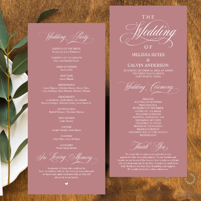 Programa Elegante y sofisticada boda con escritura en rosa  (Elegant Classy Dusty Rose Pink Script Wedding Program Card)
