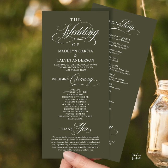 Programa Elegante y sofisticado orden de ceremonia de boda  (Elegant Classy Gold Script Wedding Ceremony Order Program Card in Olive Green)