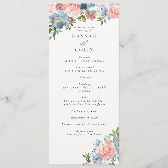 Programa Elegante y turbia franja floral azul y Rosa (Anverso)