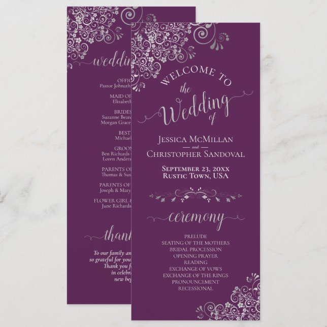Programa Elegantes curvas plateadas en un Boda simple de ci (Anverso / Reverso)