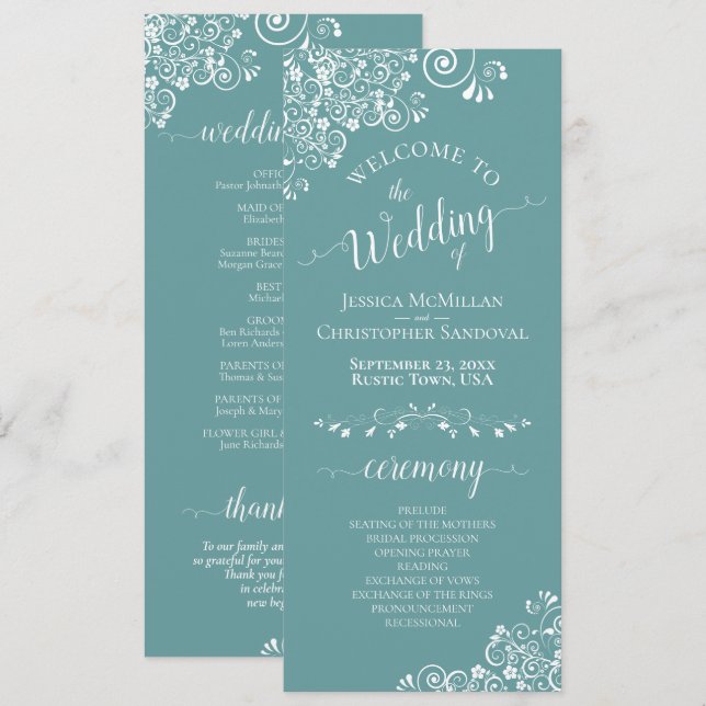Programa Elegantes rieles blancos en el Verde azulado Boda  (Anverso / Reverso)