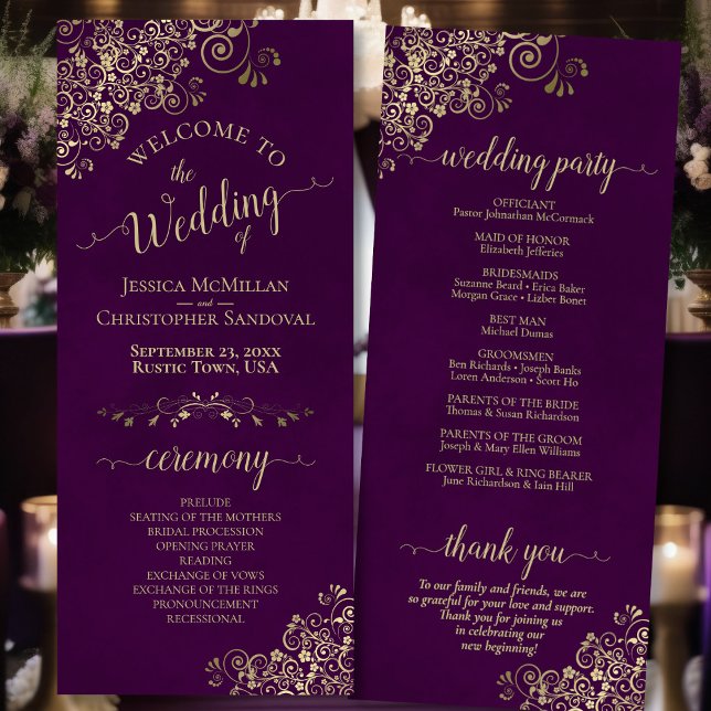 Programa Elegantes rizos de oro ornados en Boda de ciruelas (Front/Back)