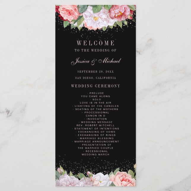 Programa Elegantes Rosas florales Boda negro rosado (Anverso)