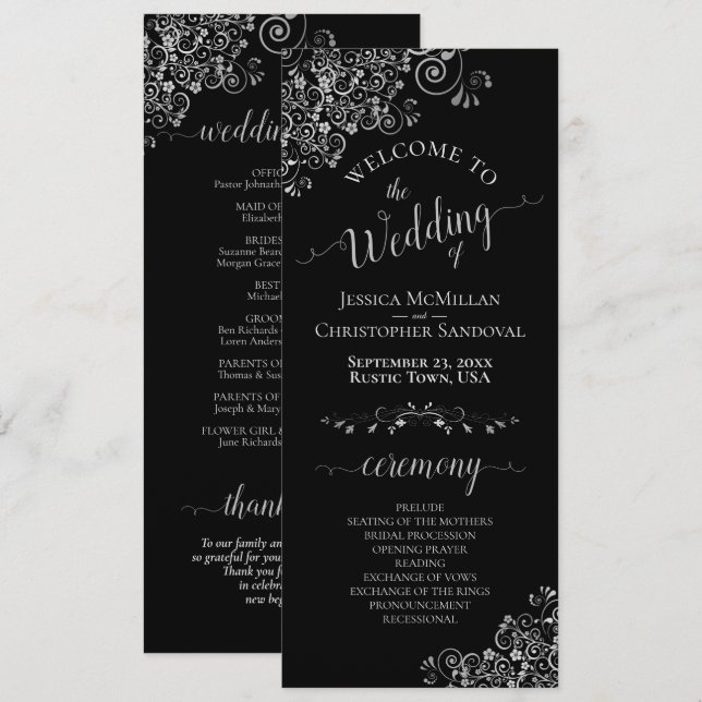 Programa Elegantes Volantes de Plata sobre Boda Simple Negr (Anverso / Reverso)