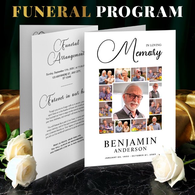 Programa En el funeral del Collage de fotos Obituario de la (Elegant Funeral Program Template Foldable – Celebration of Life,Obituary,Photo Collage, )