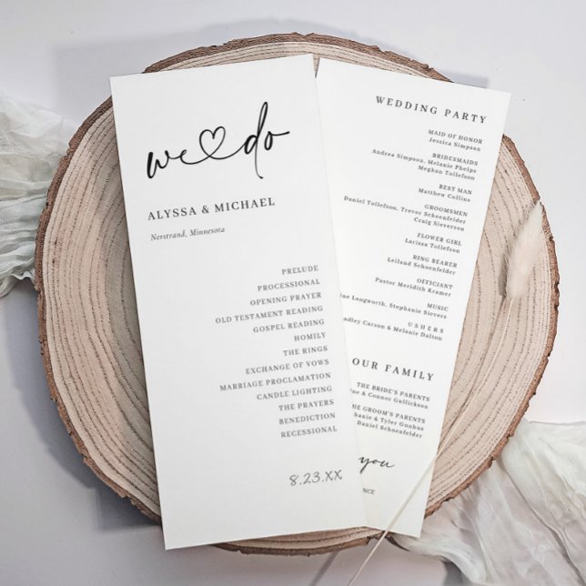Programa Escritura moderna a mano Sencillo Corazón que Hace (Modern black and white wedding program with elegant handwritten script and minimalist design)