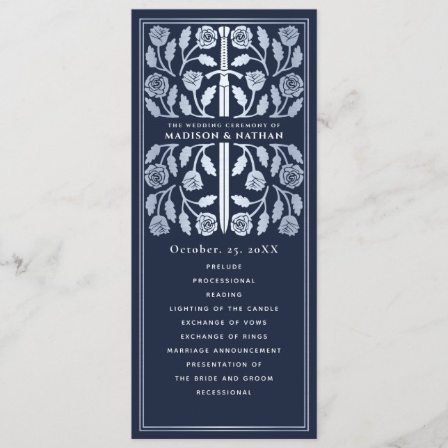 Programa Espada de plata medieval azul para boda real (Anverso)