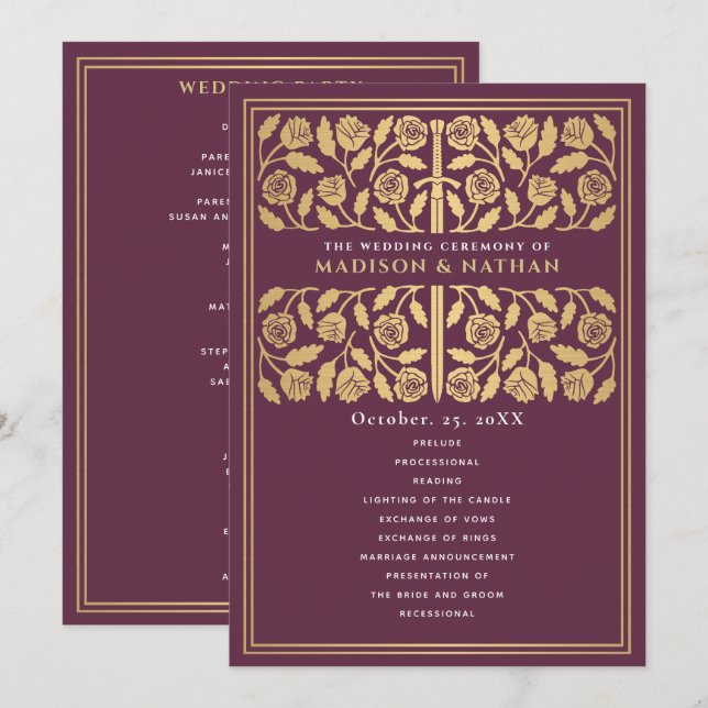 Programa Espada dorada medieval malva para boda real (Anverso / Reverso)