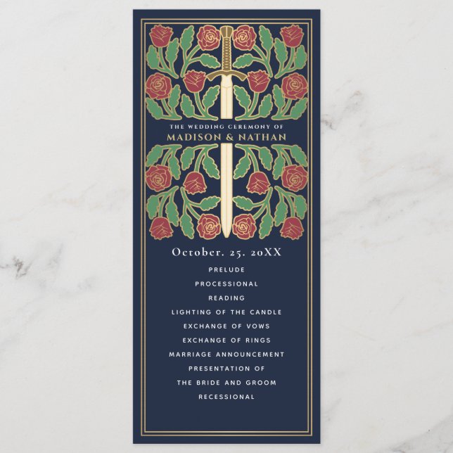Programa Espada Floral Dorada Medieval Azul Boda Real (Anverso)