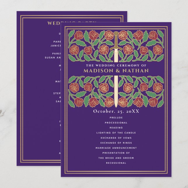 Programa Espada Floral Dorada Medieval Púrpura Boda Real (Anverso / Reverso)