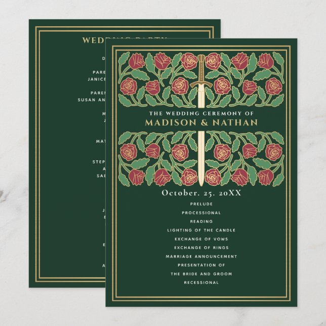 Programa Espada Floral Dorada Medieval Verde Boda Real (Anverso / Reverso)