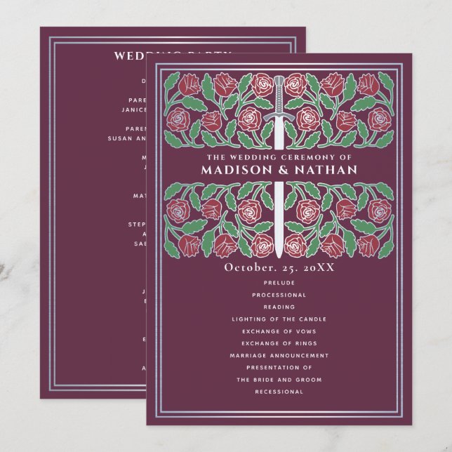Programa Espada floral plateada medieval malva para boda re (Anverso / Reverso)